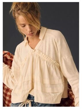 Pilcro Cream Ruffle-Front Baby Doll Top Size M